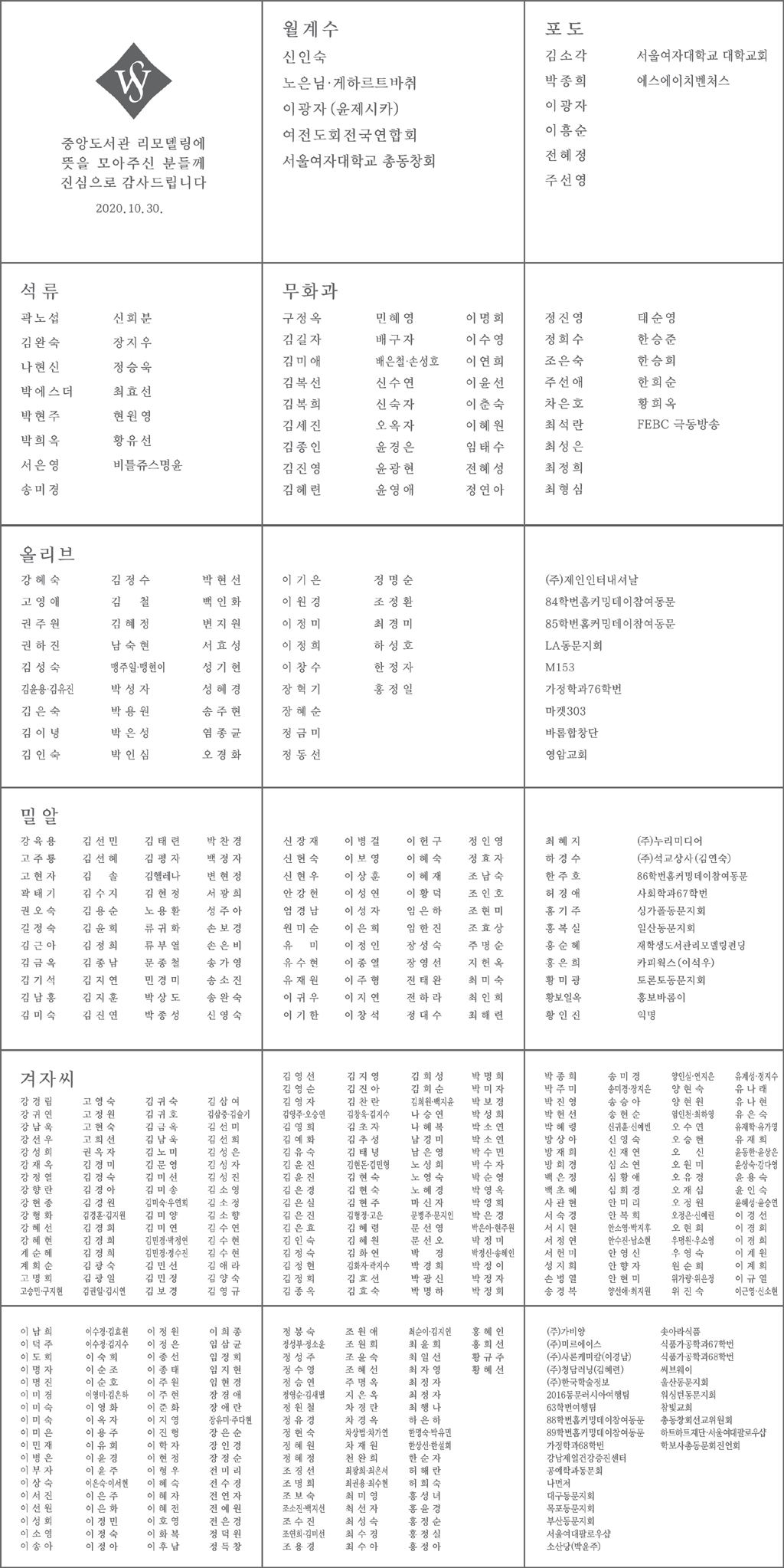 스마트 도서관 리모델링 사업 기부자 명단